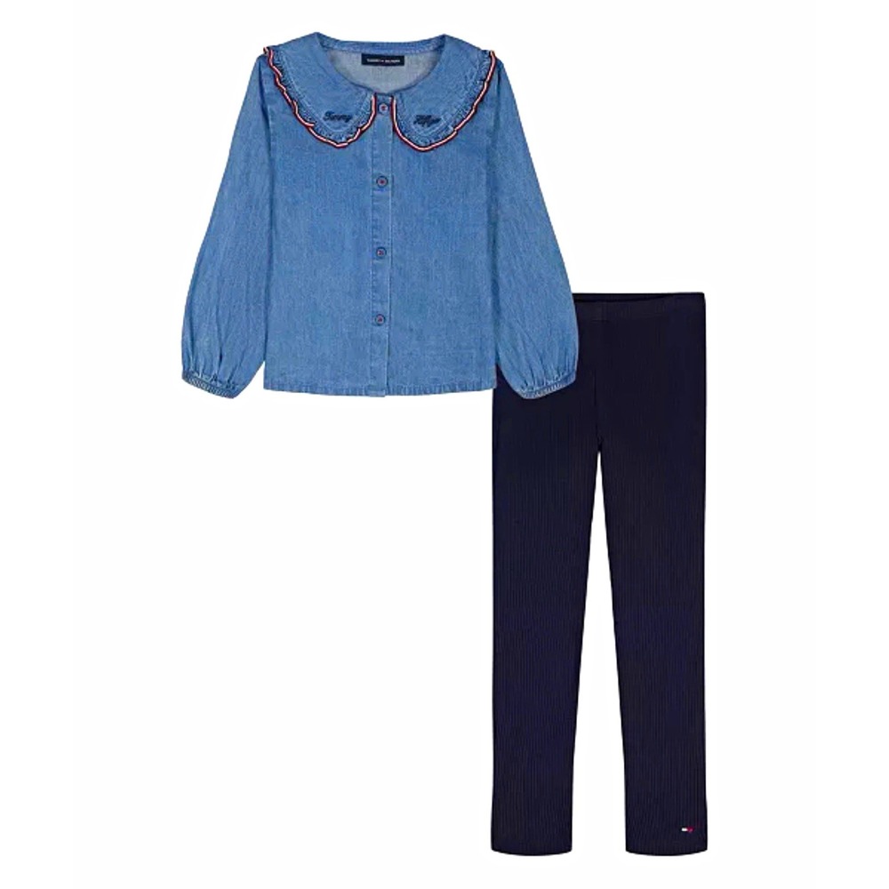 Tommy Hilfiger Baby Girls 2-Piece Denim Button Top & Black Leggings Set 3-6M